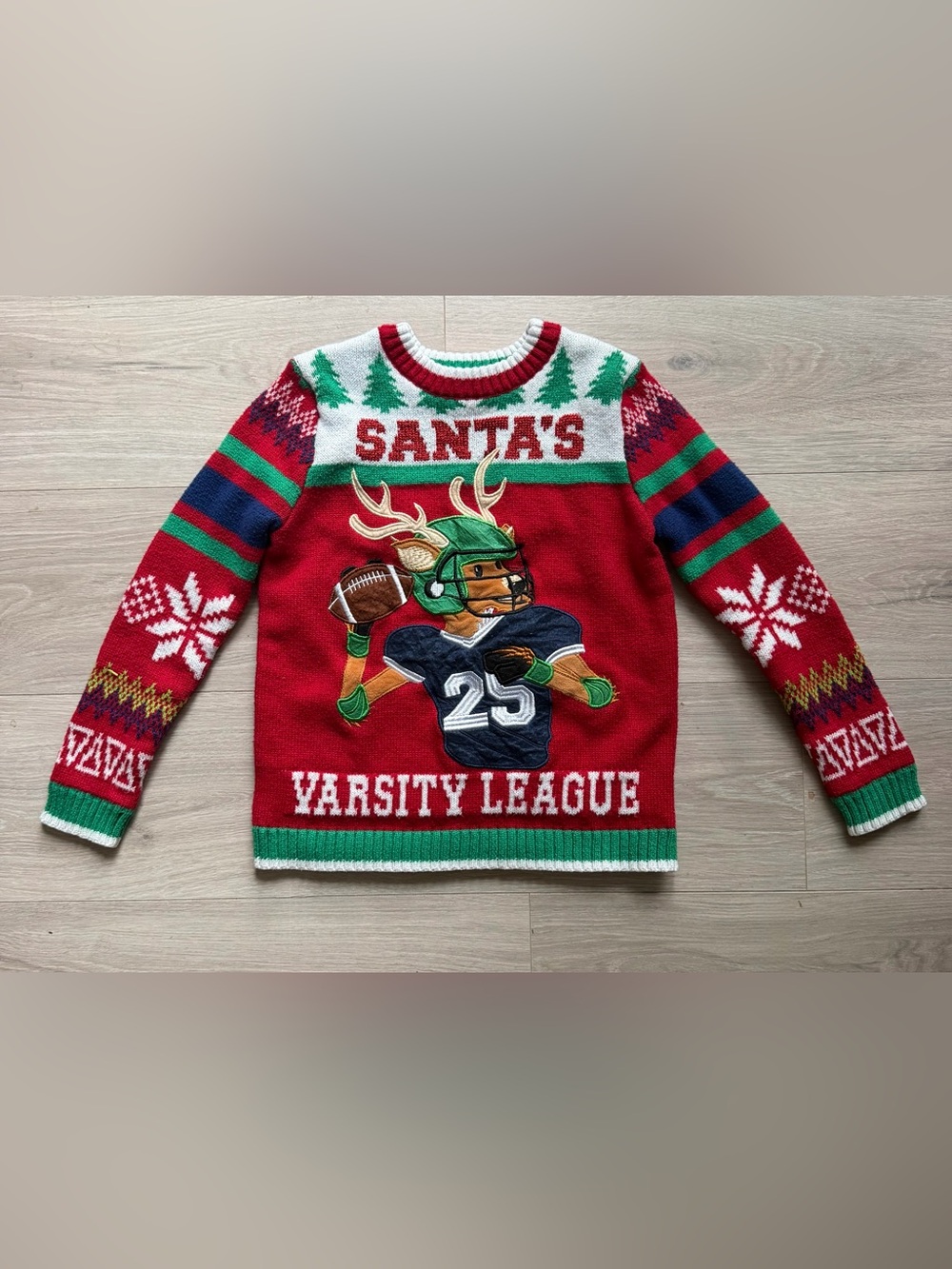 32 Degrees Red & Green Santa's Varsity League Football Reindeer Sweater